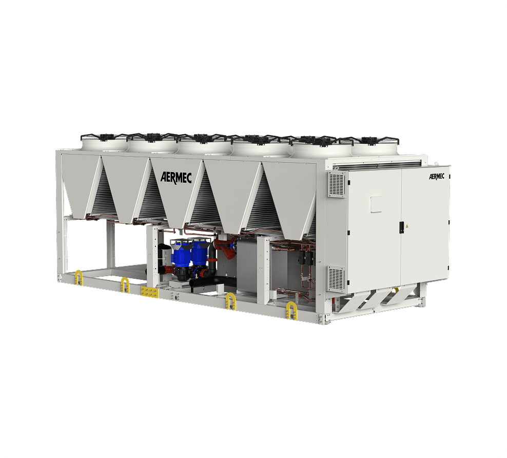 Industrial air-cooled chiller with eight top-mounted fans, gray panels, and AERMEC branding on the side rails area.
