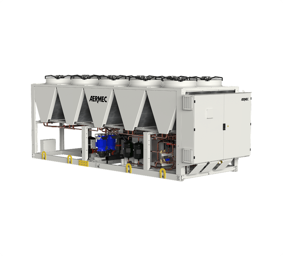 Industrial HVAC chiller with six top-mounted fans and visible copper pipes, labeled AERMEC on a metal frame.
