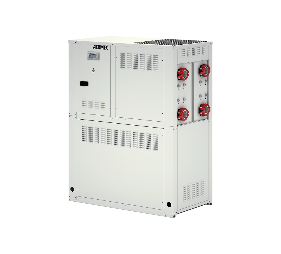 Industrial cooling unit by AERMEC with red side valve ports and ventilation panels.