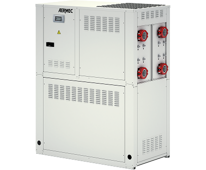 AERMEC industrial refrigeration chiller with front control panel and red service ports on the side.