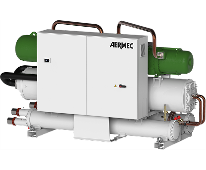 Industrial AERMEC chiller with a white cabinet, green piping, and a metal skid base for process cooling or HVAC.