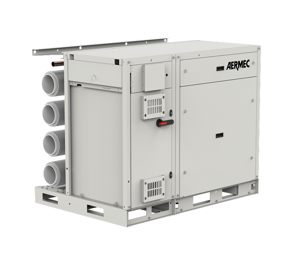 Industrial HVAC unit with four circular duct connections on the left and AERMEC branding on the side.