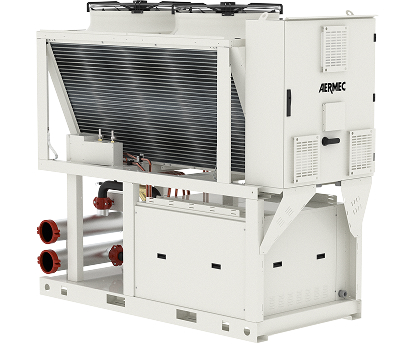 White industrial testing unit with a large cooling coil, mounted on a metal frame, red pipe connections on the left.