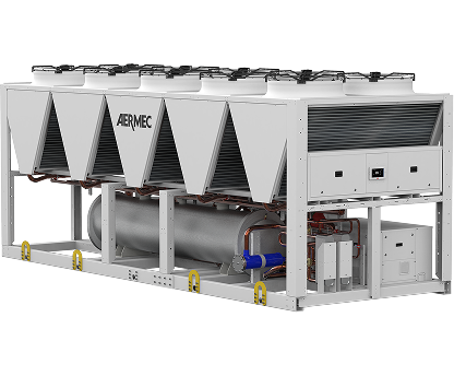 Industrial HVAC air handling unit by Aermec with triangular module housings, fans on top, mounted on a steel frame.