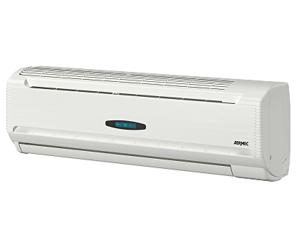White wall-mounted air conditioner unit with a digital display and horizontal vents on top and front panel edges.