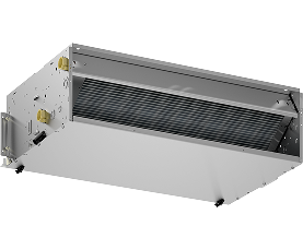 Ceiling-mounted HVAC air handler with visible coil and grille, angled view.