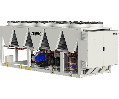 Industrial chiller unit (AERMEC) with multiple top-mounted fans, cooling coils, and visible compressors and copper piping for large-scale cooling