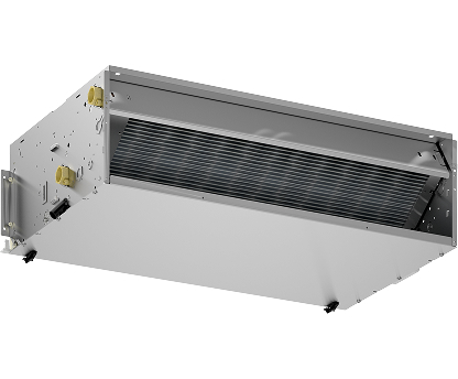 Ducted ceiling-mounted air handler with coil and intake grille for HVAC system (metallic unit)