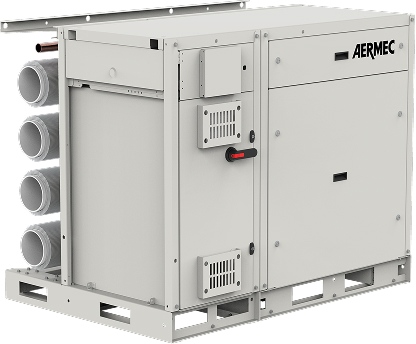 Industrial HVAC air handling unit on a pallet with duct connections on the left side.