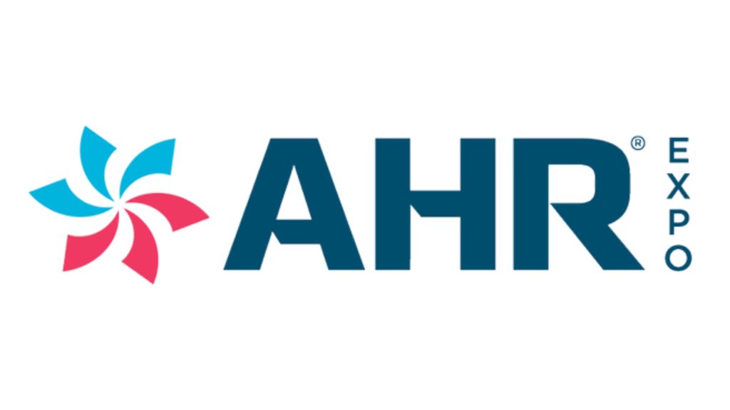 AHR Expo logo featuring a blue and pink pinwheel symbol to the left of bold navy letters AHR.