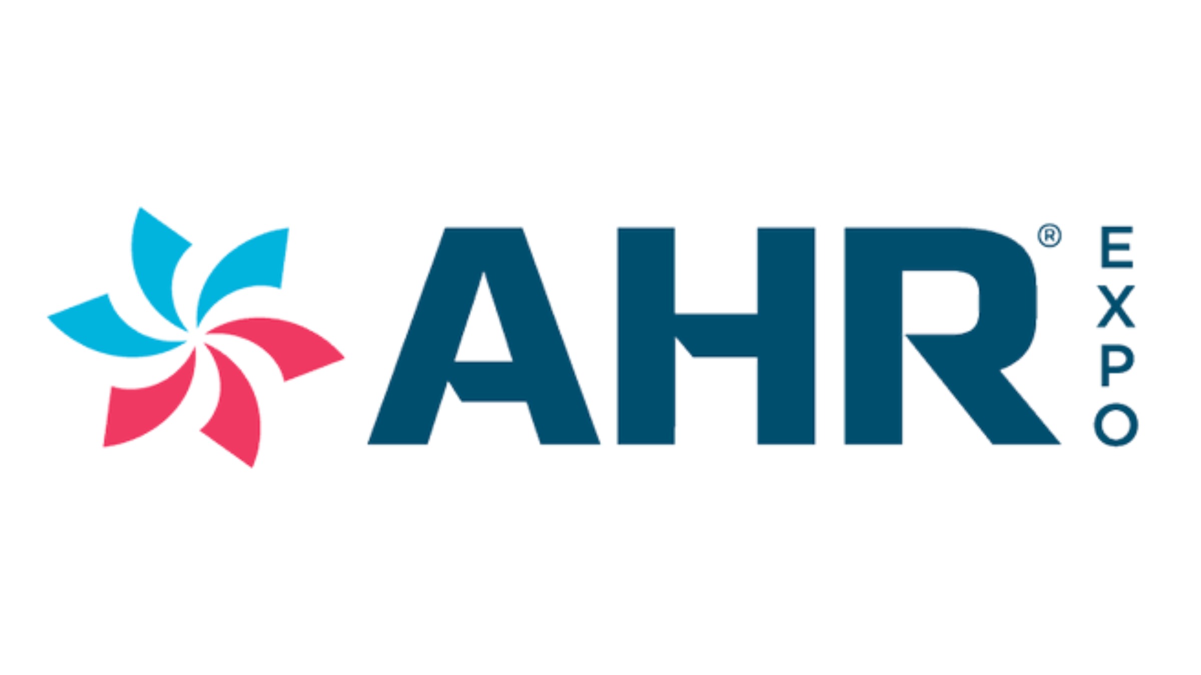 AHR Expo logo featuring a blue and pink pinwheel symbol to the left of bold navy letters AHR.